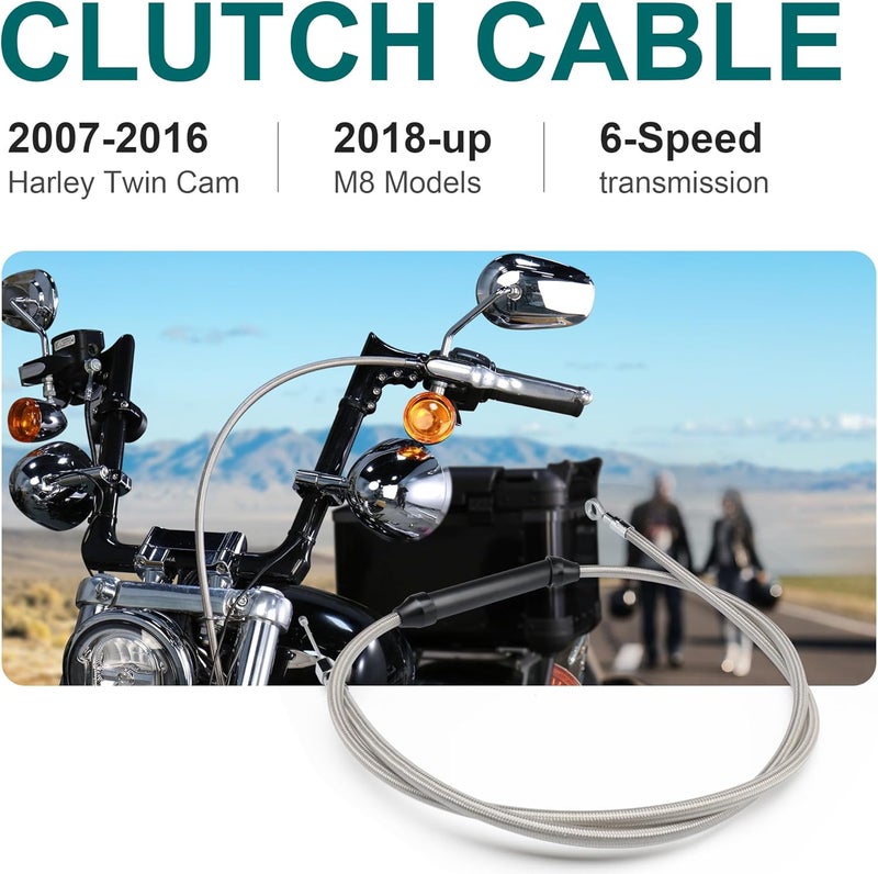 MoKitDora 62-15/16" Twin Cam Clutch Cable Stainless Steel Braided for 2007-2016 Harley Touring Dyna Softail & '18-Later M8 Models 6 Speed Transmission with Mechanical Clutch, Chrome - Image 2